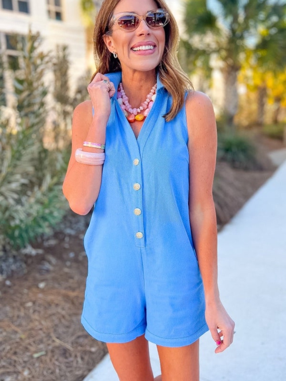 Sleeveless Button-Front Blue Romper